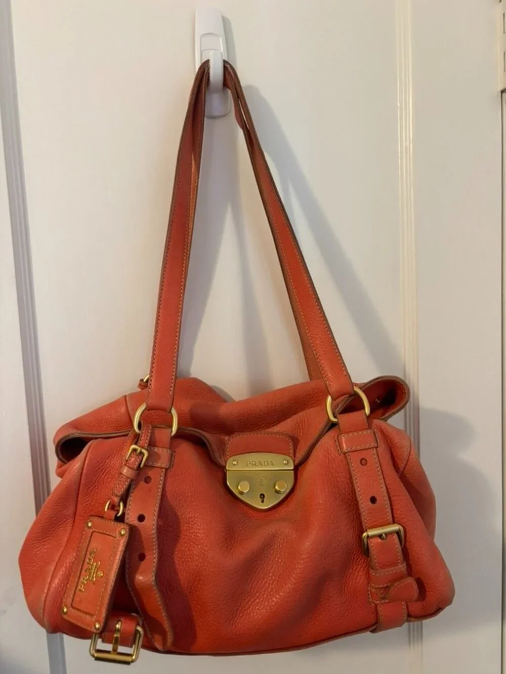 Vintage Prada Original Deerskin Leather Satchel Coral/Red (Faded Edges)